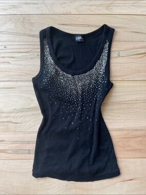 2000s Y2K glitter sequin Black Tank Top with Gold-tone Embellished Neckline